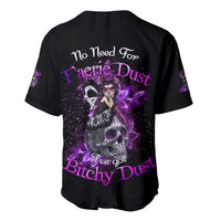 Black baseball jersey with purple fantasy character and skull graphic on back