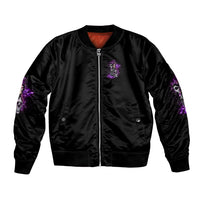 Black unisex bomber jacket with front zipper, purple chest emblem and sleeve accents