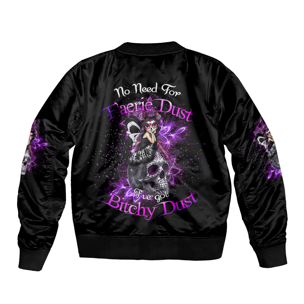 Black unisex bomber jacket with purple back graphic, ribbed collar and cuffs