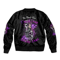 Black unisex bomber jacket with purple back graphic, ribbed collar and cuffs