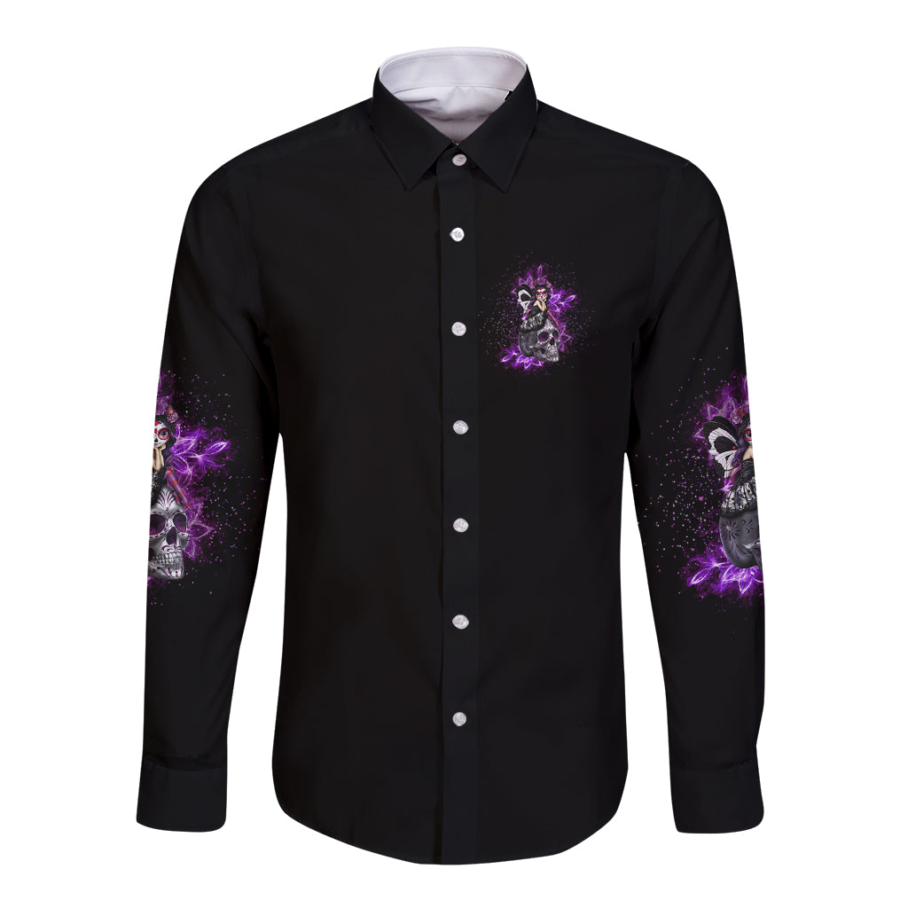 Long-sleeve button shirt, black with purple front chest graphic and sleeve art