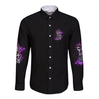 Long-sleeve button shirt, black with purple front chest graphic and sleeve art