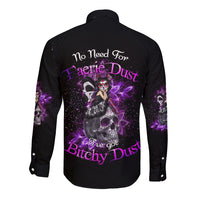 Long-sleeve button shirt, black with purple back graphic print and skull motifs