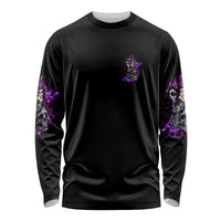 Black long sleeve shirt with small purple character graphic and matching sleeve print