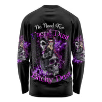 Black long sleeve shirt with purple fantasy graphic and text on the back
