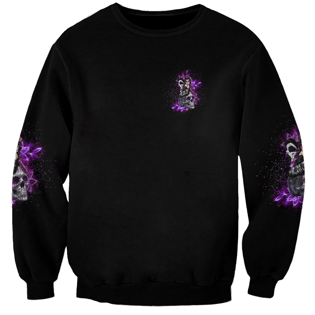Unisex black crewneck sweatshirt with small purple graphic and purple sleeve accents