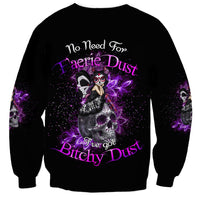 Unisex black crewneck sweatshirt with purple fantasy graphic front and skull text