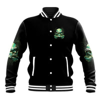 Black baseball jacket front with small green skull emblem, button-up, ribbed striped trim