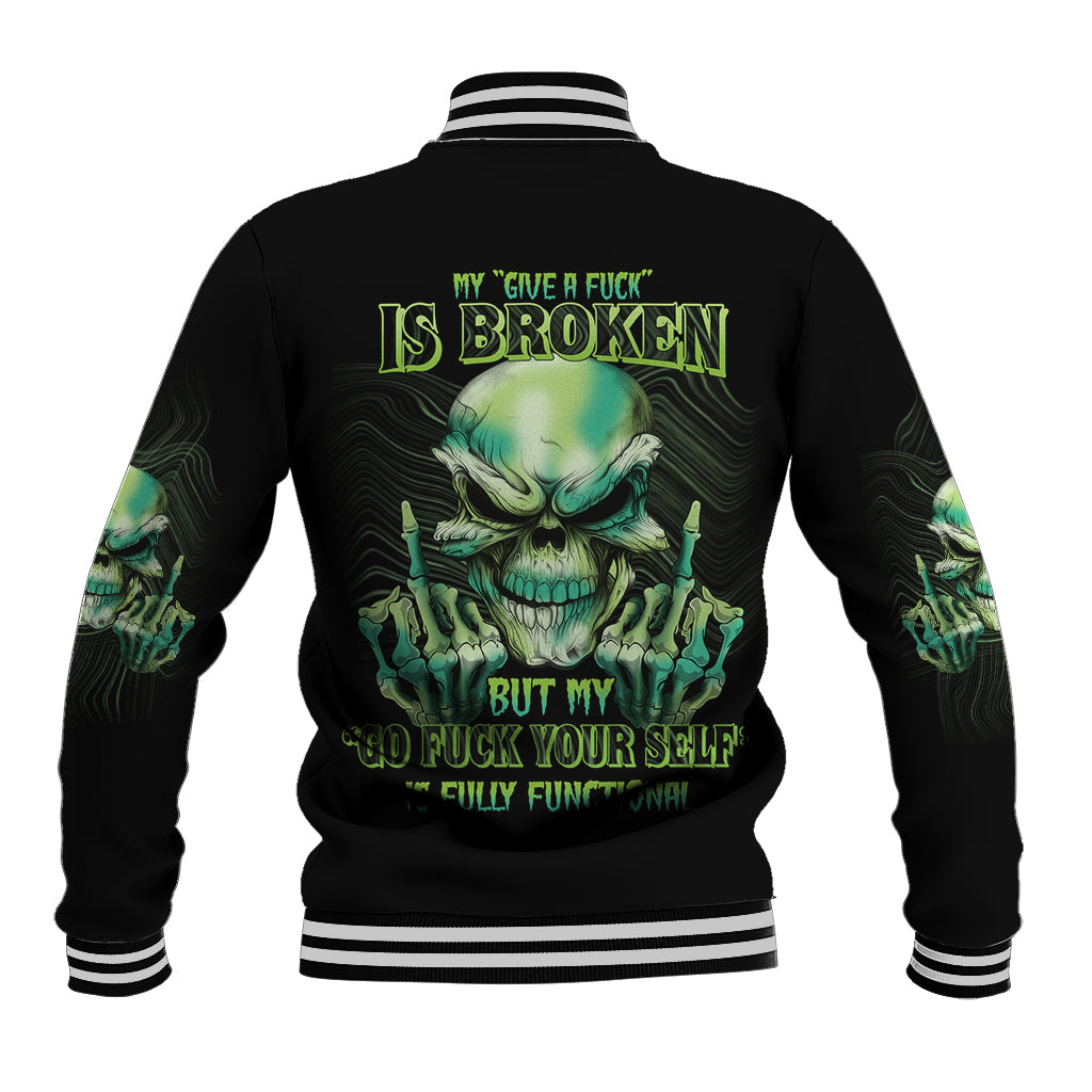 Black baseball jacket with green skull back graphic, ribbed striped collar and cuffs