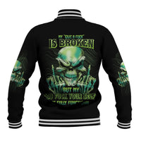 Black baseball jacket with green skull back graphic, ribbed striped collar and cuffs
