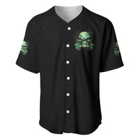 Black baseball jersey with small green skull chest print and white snap-button placket.