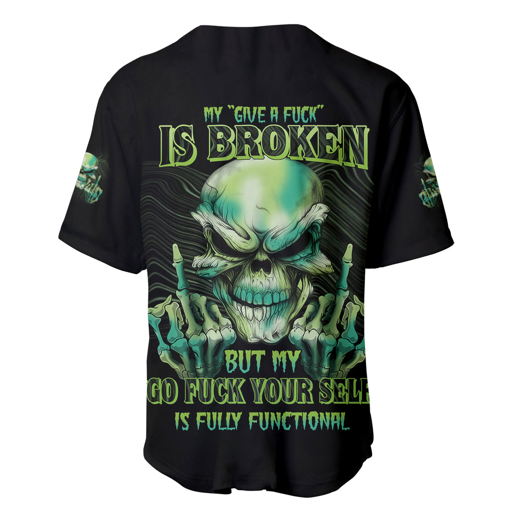 Black baseball jersey with green skull graphic, neon text, short sleeves, front buttons.