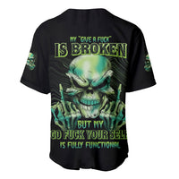 Black baseball jersey with green skull graphic, neon text, short sleeves, front buttons.