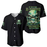Two black baseball jerseys with green skull graphics, short sleeves, front buttons.
