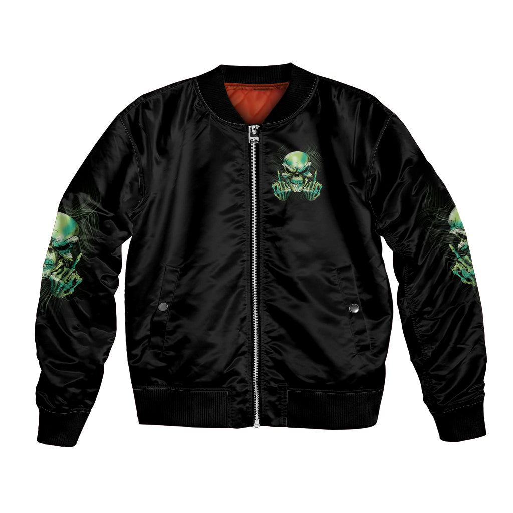Black bomber jacket with full-zip, ribbed hem, green skull chest graphic and sleeve art