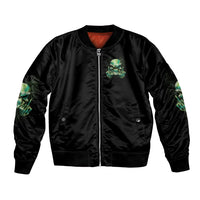 Black bomber jacket with full-zip, ribbed hem, green skull chest graphic and sleeve art