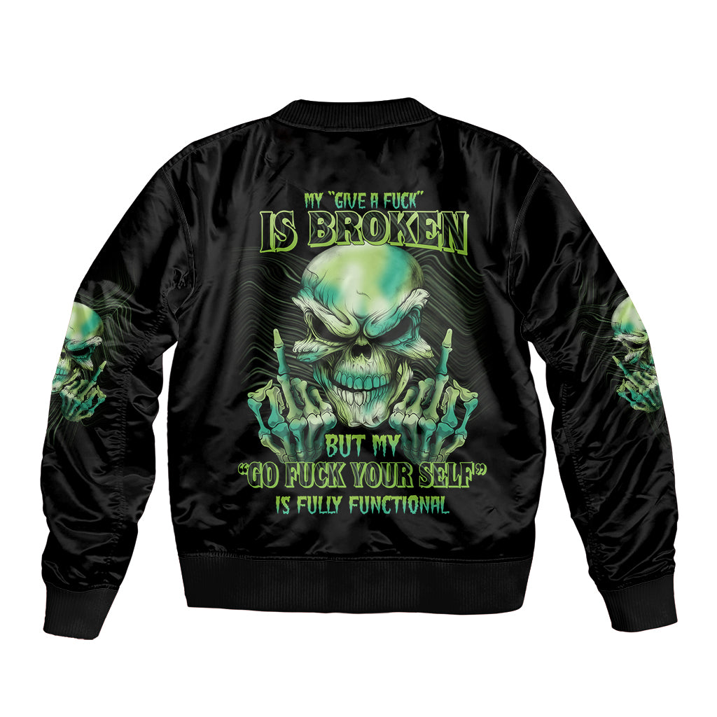 Black bomber jacket with ribbed collar, full-zip, and green skull back graphic