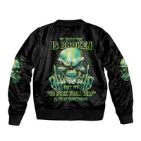 Black bomber jacket with ribbed collar, full-zip, and green skull back graphic