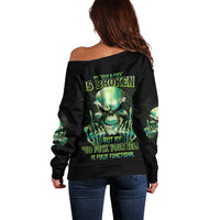 Women's off-shoulder sweater, black with neon-green skull graphic on back