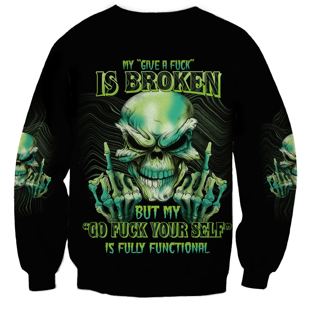 Black crewneck sweatshirt with green skull graphic and bold front text