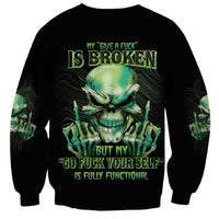 Black crewneck sweatshirt with green skull graphic and bold front text