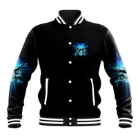 Black unisex baseball jacket with blue skull chest graphic, button front, striped ribbed collar