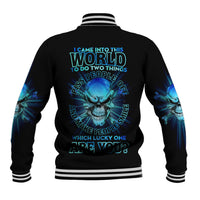 Black unisex baseball jacket with blue skull back graphic; striped ribbed collar and cuffs