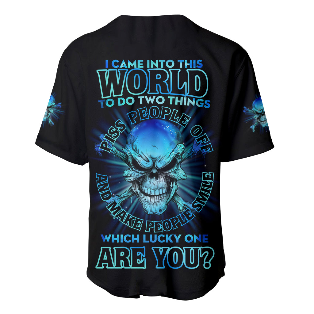 Black baseball jersey with blue skull front graphic, short sleeves, button placket