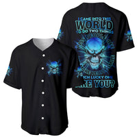 Two black baseball jerseys shown together, blue skull back print, short sleeves, buttons