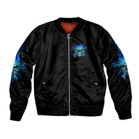 Black satin bomber jacket with front zipper and blue winged emblem