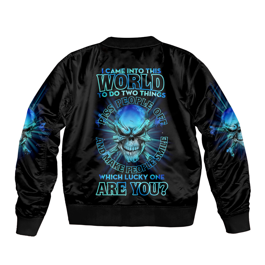 Black satin bomber jacket with blue skull graphic and slogan on back