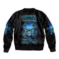 Black satin bomber jacket with blue skull graphic and slogan on back