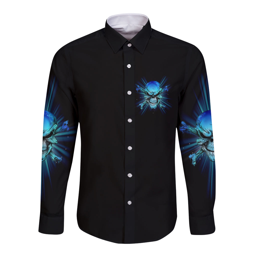 Black long-sleeve button shirt with blue skull graphic on chest and sleeves