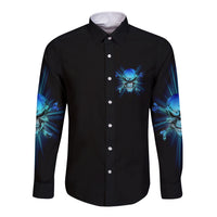Black long-sleeve button shirt with blue skull graphic on chest and sleeves