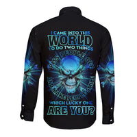 Black long-sleeve button shirt with blue skull graphic on back