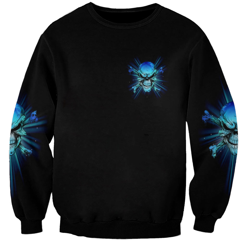 Black unisex sweatshirt with small blue skull print and blue sleeve artwork