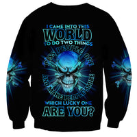 Black unisex sweatshirt with blue skull graphic and quote-style lettering