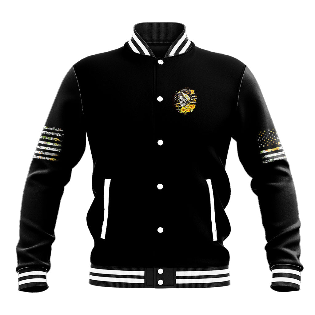 Black button varsity jacket with small chest skull graphic and striped ribbed cuffs
