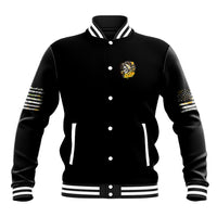 Black button varsity jacket with small chest skull graphic and striped ribbed cuffs