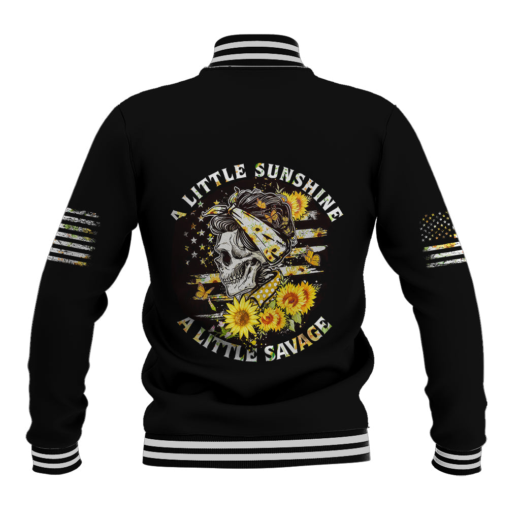 Black baseball jacket with back skull graphic and striped ribbed cuffs and hem
