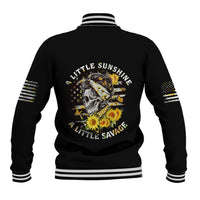 Black baseball jacket with back skull graphic and striped ribbed cuffs and hem