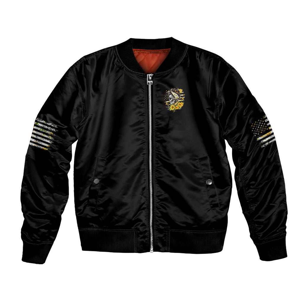 Black satin bomber jacket with front zipper, small chest skull patch, ribbed hem