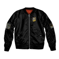 Black satin bomber jacket with front zipper, small chest skull patch, ribbed hem