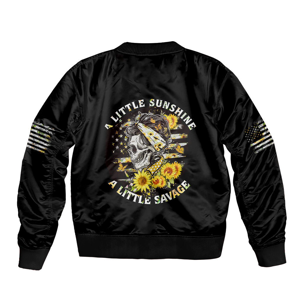Black satin bomber jacket with skull graphic on back and ribbed knit trim