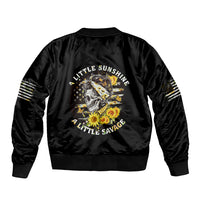 Black satin bomber jacket with skull graphic on back and ribbed knit trim
