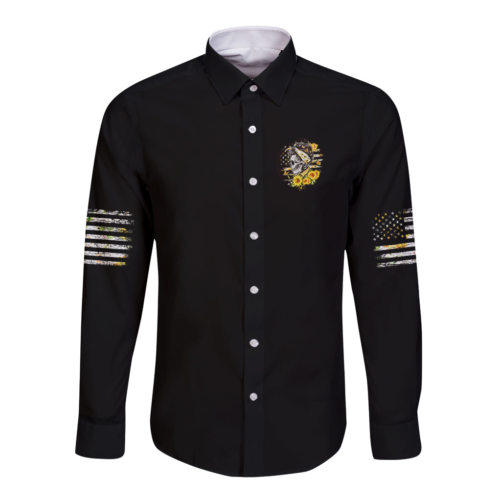 Black long-sleeve button shirt with small chest skull-sunflower logo and striped sleeve accents.