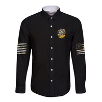 Black long-sleeve button shirt with small chest skull-sunflower logo and striped sleeve accents.