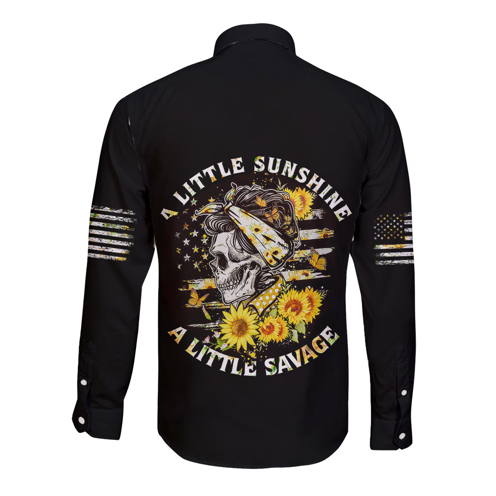 Black long-sleeve button shirt, back skull and sunflower graphic with “A LITTLE SAVAGE” text.