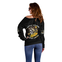 Off-shoulder black sweatshirt with large back skull print and yellow striped sleeve detail