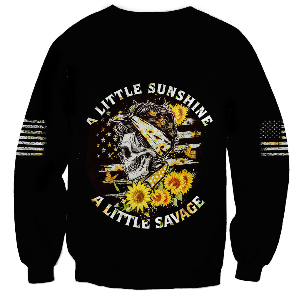 Unisex black crewneck sweatshirt with skull graphic, sunflower accents and 'sunshine/savage' text